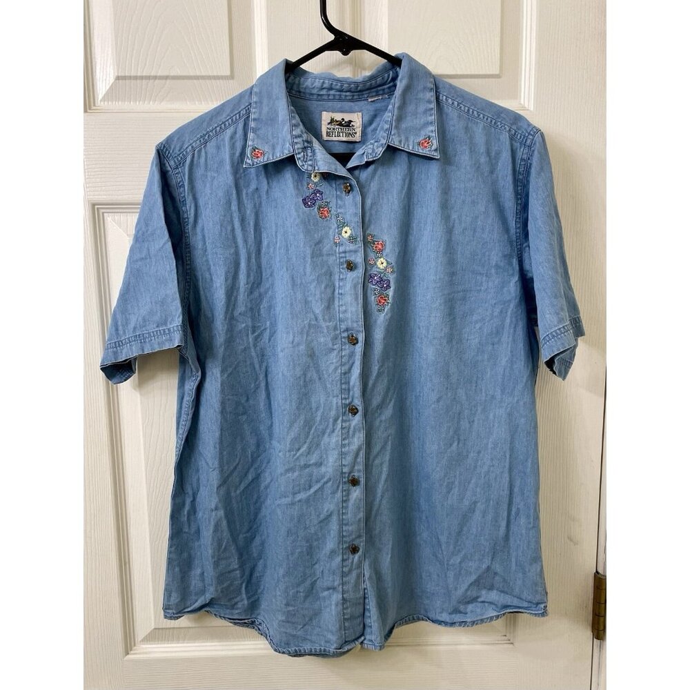 Cottagecore Floral Embroidered Denim Button Shirt Medium Vintage 90’s Mom Granny - Picture 6 of 7